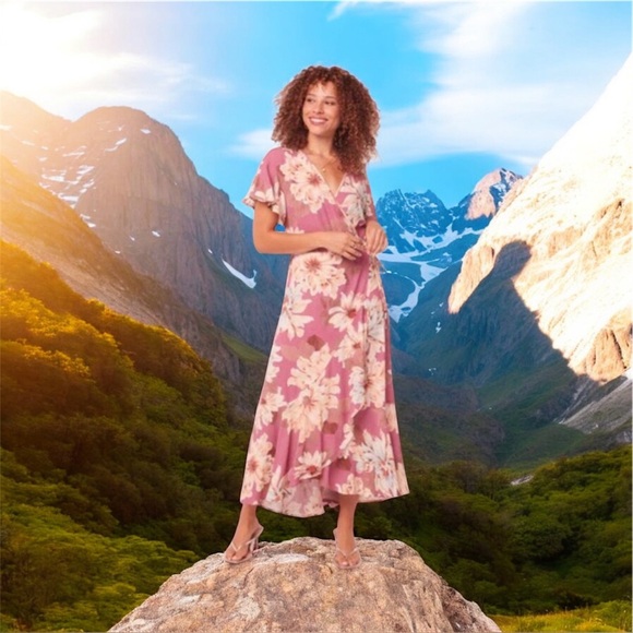 Band Of The Free Dress Womens Medium Liza Mauve Floral Wrap Surplice Maxi Boho - Picture 1 of 14